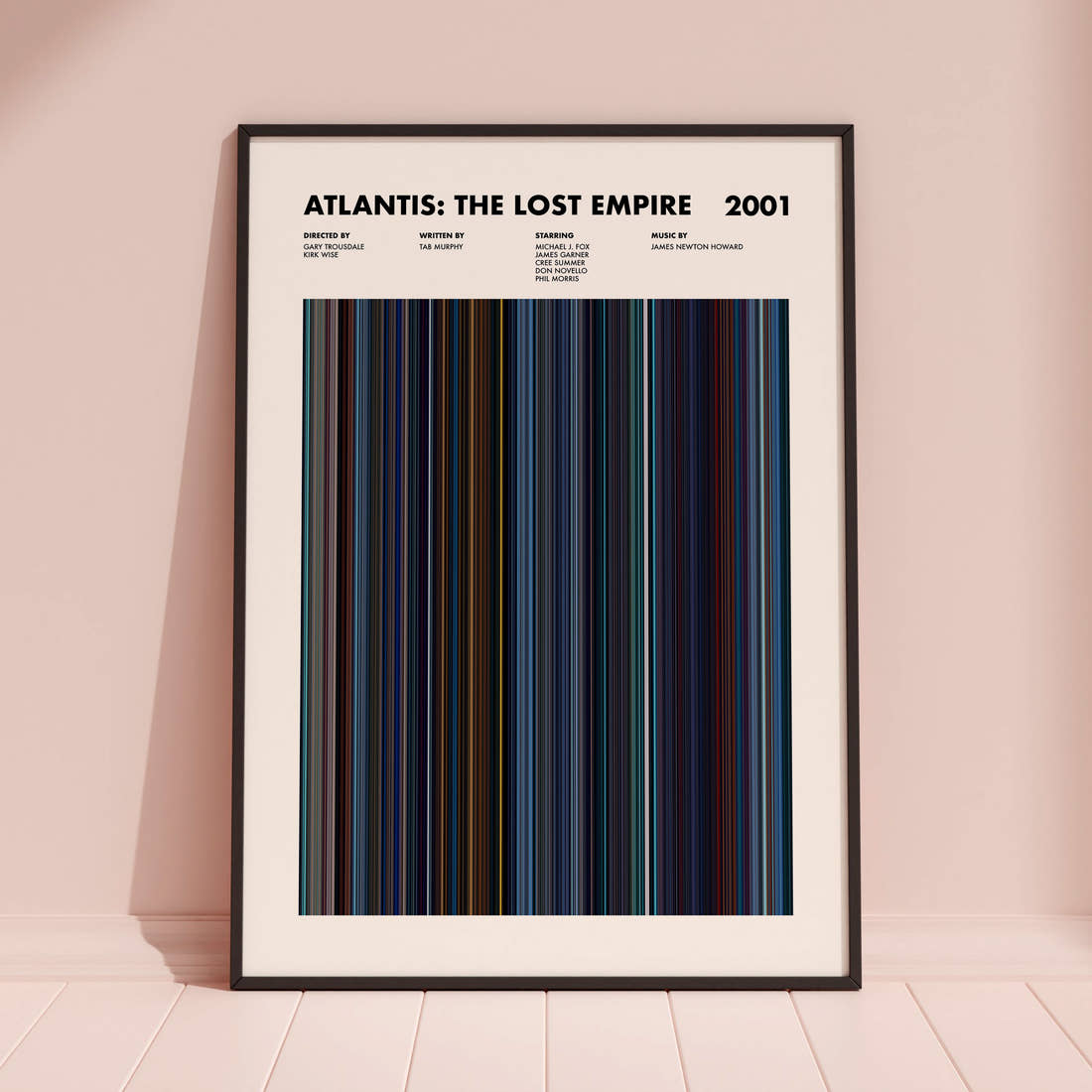 Atlantis: The Lost Empire Movie Barcode Poster framed and leaning against a coloured wall