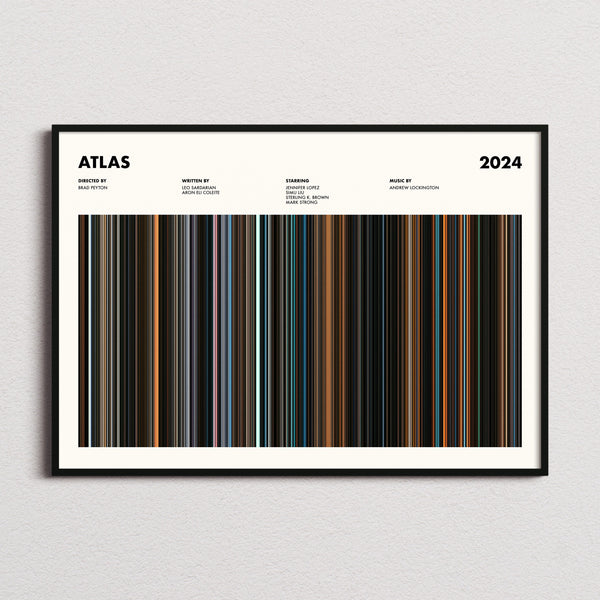 Atlas Movie Barcode Poster framed and photographed straight on