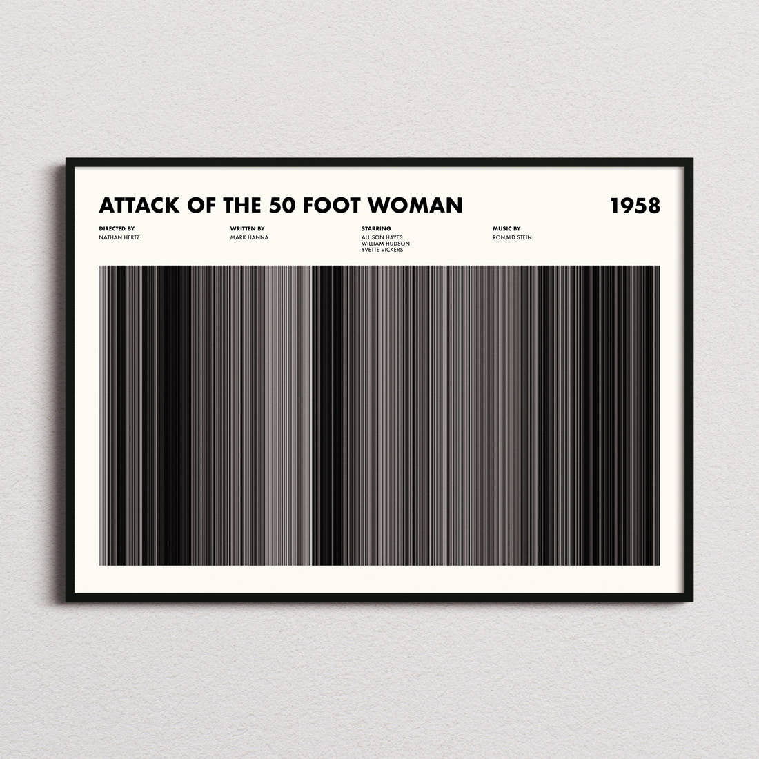Attack of the 50 Foot Woman Movie Barcode Poster framed and photographed straight on