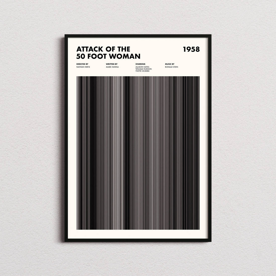 Attack of the 50 Foot Woman Movie Barcode Poster framed on a plain studio wall
