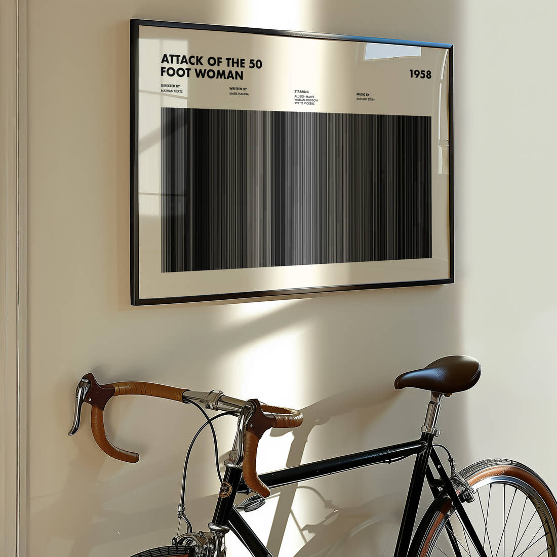 Attack of the 50 Foot Woman Movie Barcode Poster framed on the wall of a styled room setting