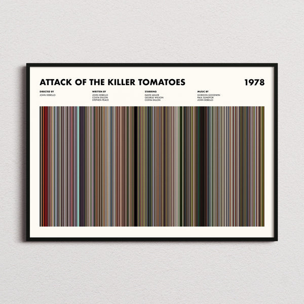 Attack of the Killer Tomatoes Movie Barcode Poster framed and photographed straight on
