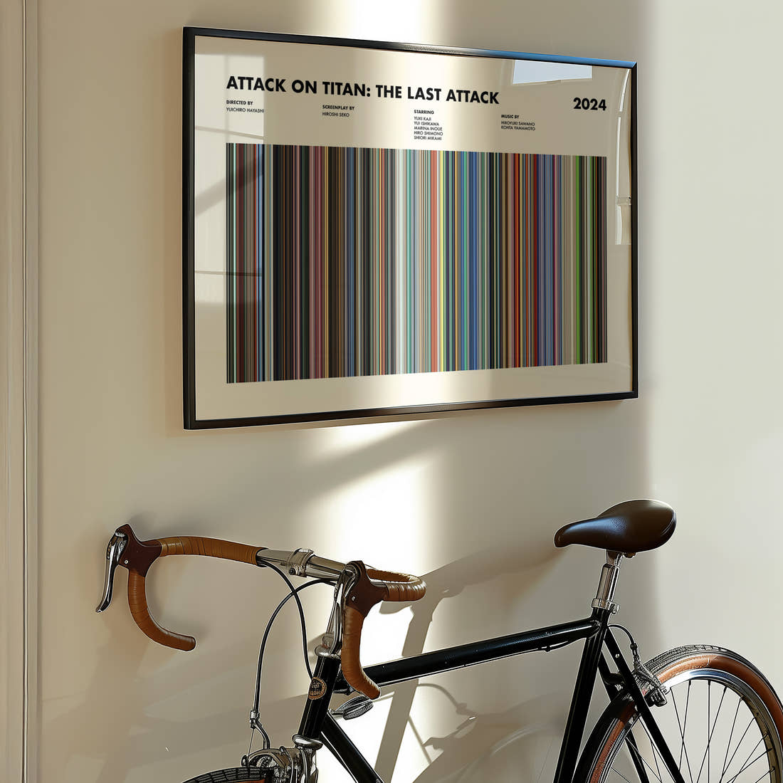 Attack on Titan: The Last Attack Movie Barcode Poster framed on the wall of a styled room setting