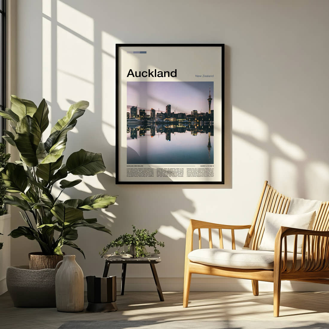 Auckland Sky Tower Reflection Travel Print framed on a pale wall beside houseplants