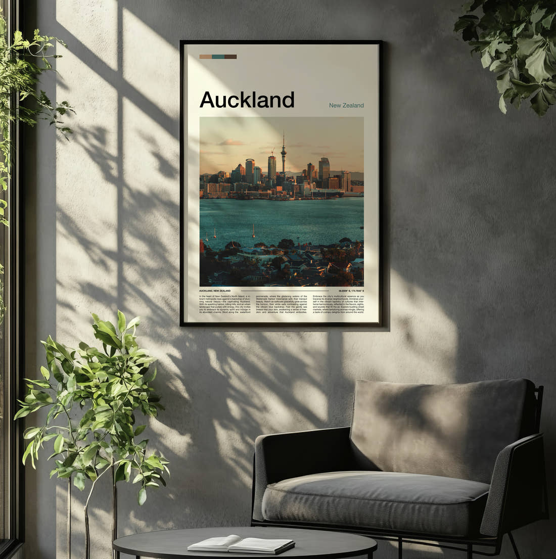 Auckland Sky Tower And Waterfront Travel Print framed on the wall of a relaxed living room