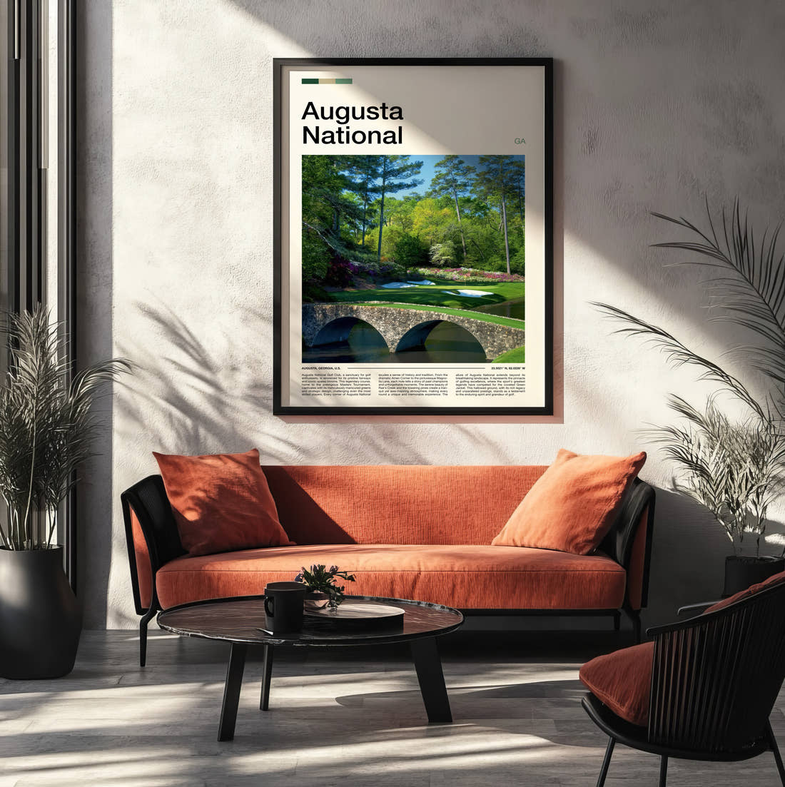 Augusta National Golf Course Print framed on the wall of a modern living room