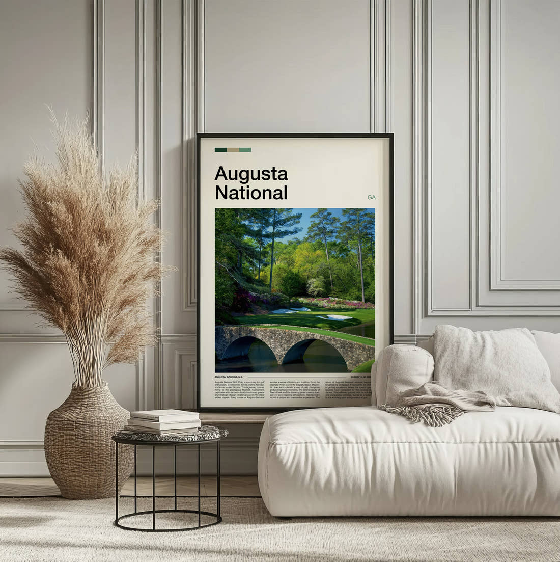 Augusta National Golf Course Print framed on the wall of a calm, neutral bedroom