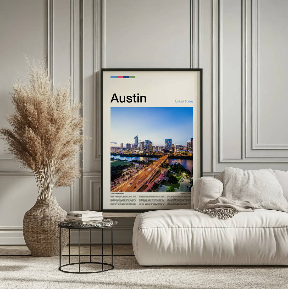 Austin Bridge And City Skyline Travel Print framed on the wall of a calm, neutral bedroom