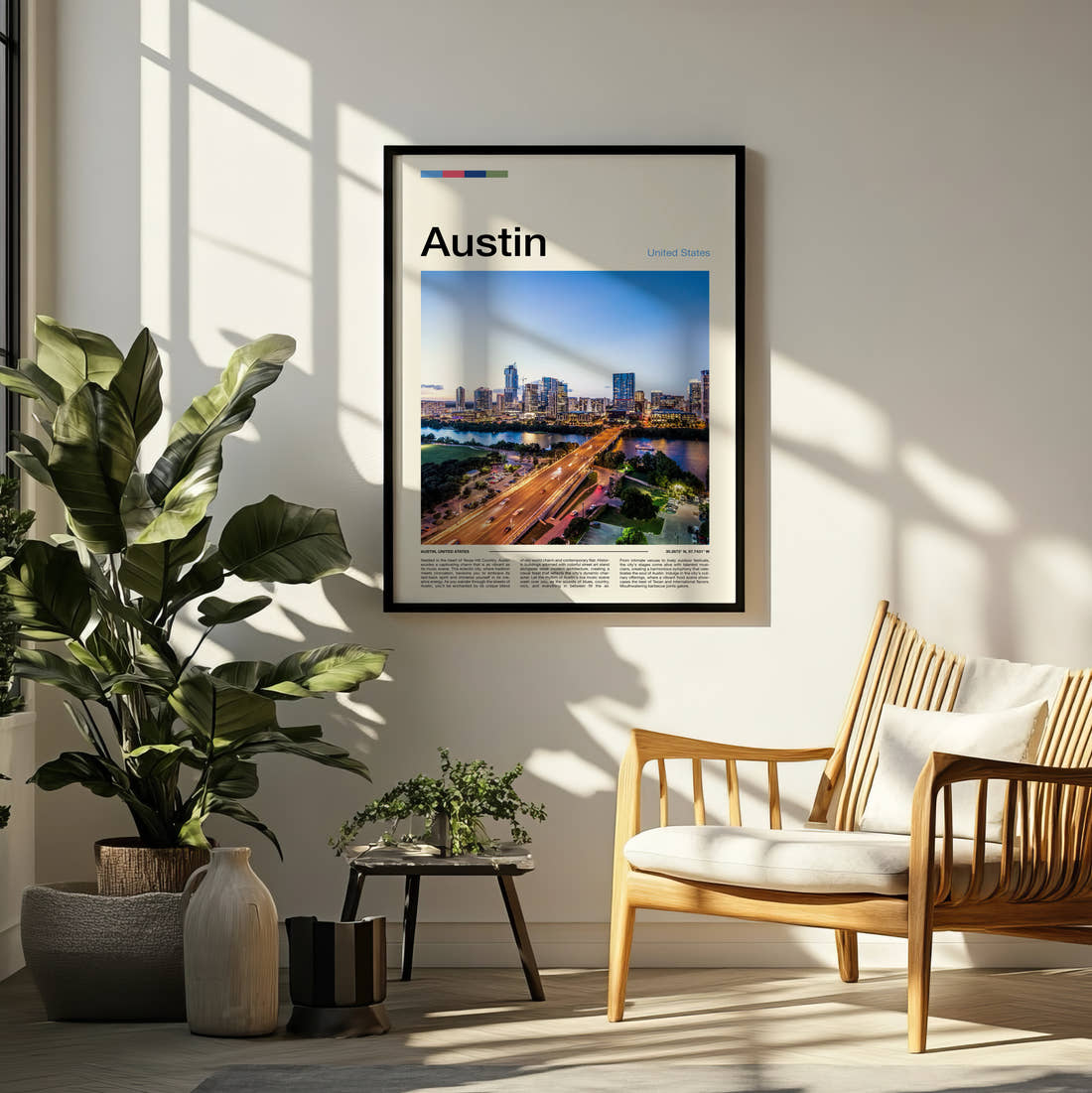 Austin Bridge And City Skyline Travel Print framed on a pale wall beside houseplants