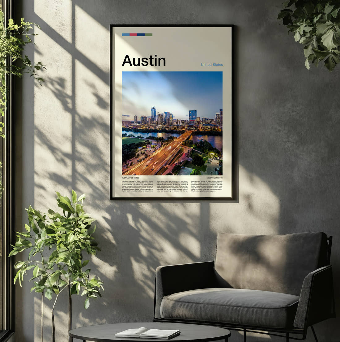 Austin Bridge And City Skyline Travel Print framed on the wall of a relaxed living room