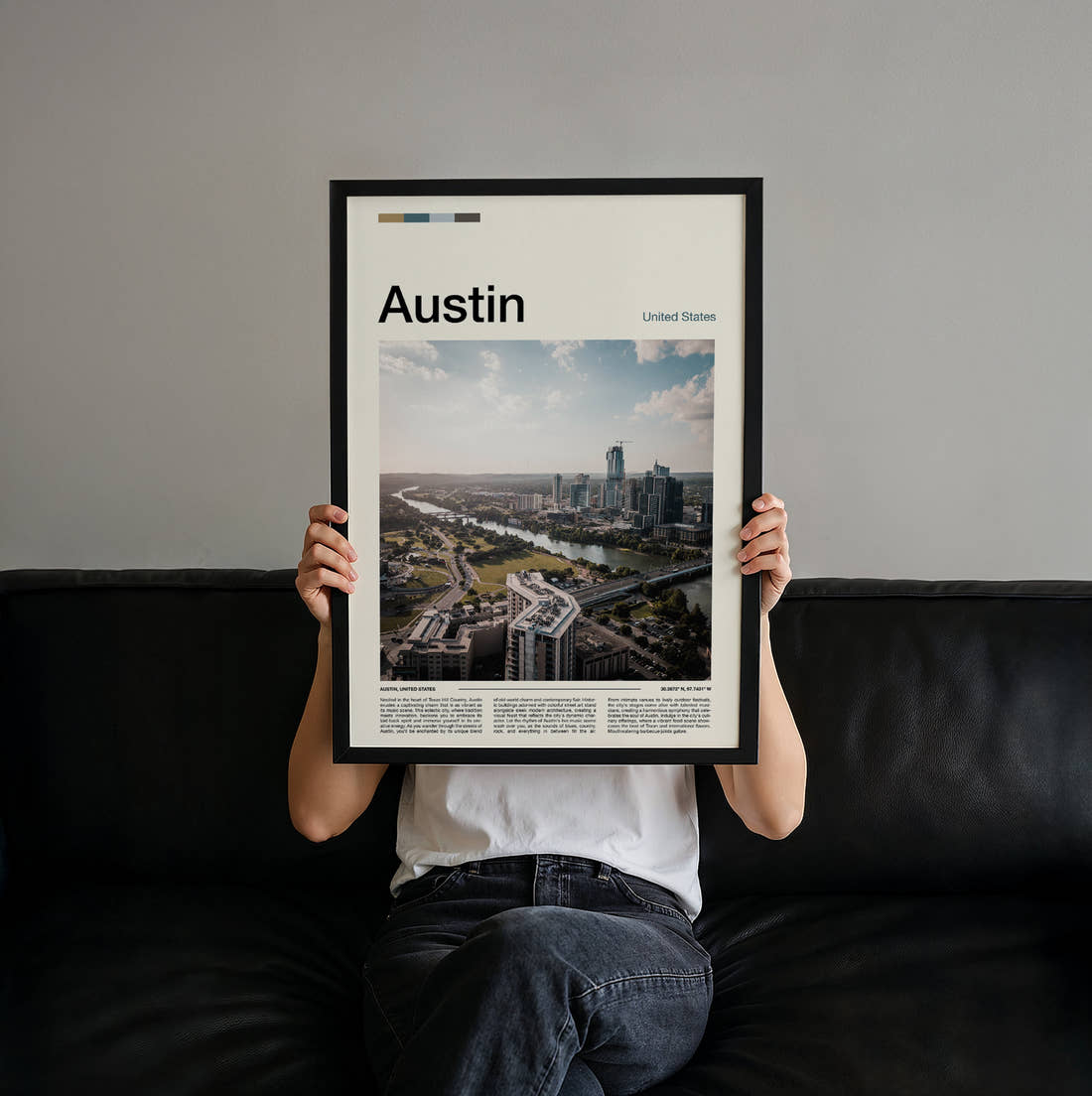 Austin Aerial City View Travel Print held up by hand to show the size of the print
