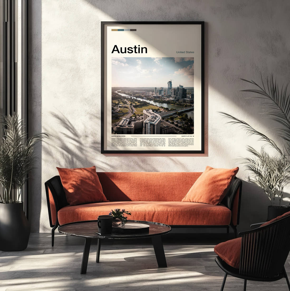 Austin Aerial City View Travel Print framed on the wall of a modern living room