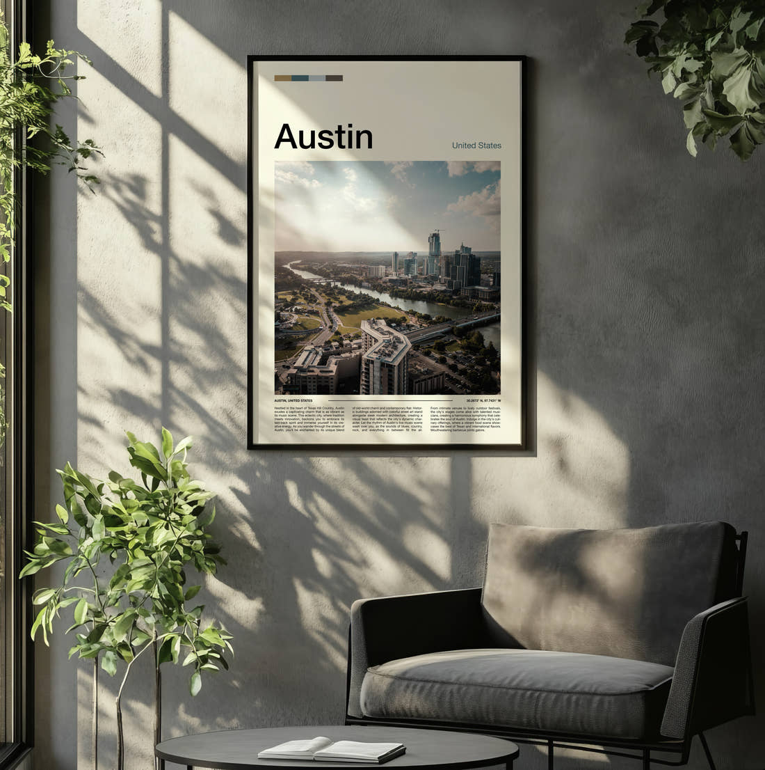 Austin Aerial City View Travel Print framed on the wall of a relaxed living room