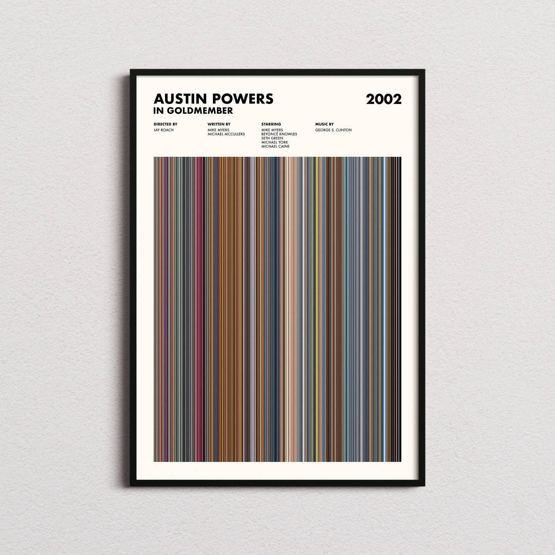 Austin Powers in Goldmember Movie Barcode Poster framed on a plain studio wall