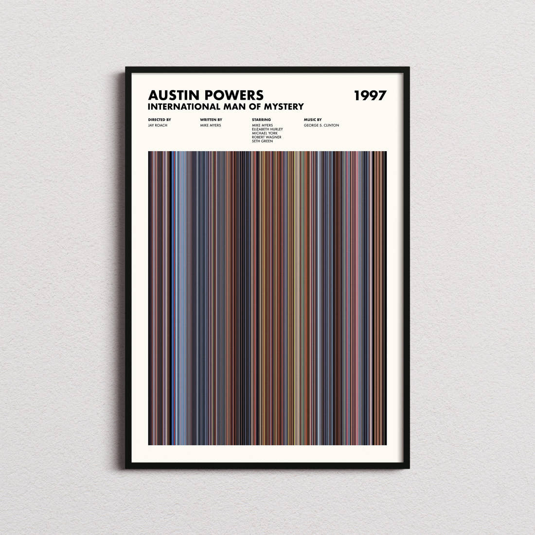 Austin Powers: International Man of Mystery Movie Barcode Poster framed on a plain studio wall