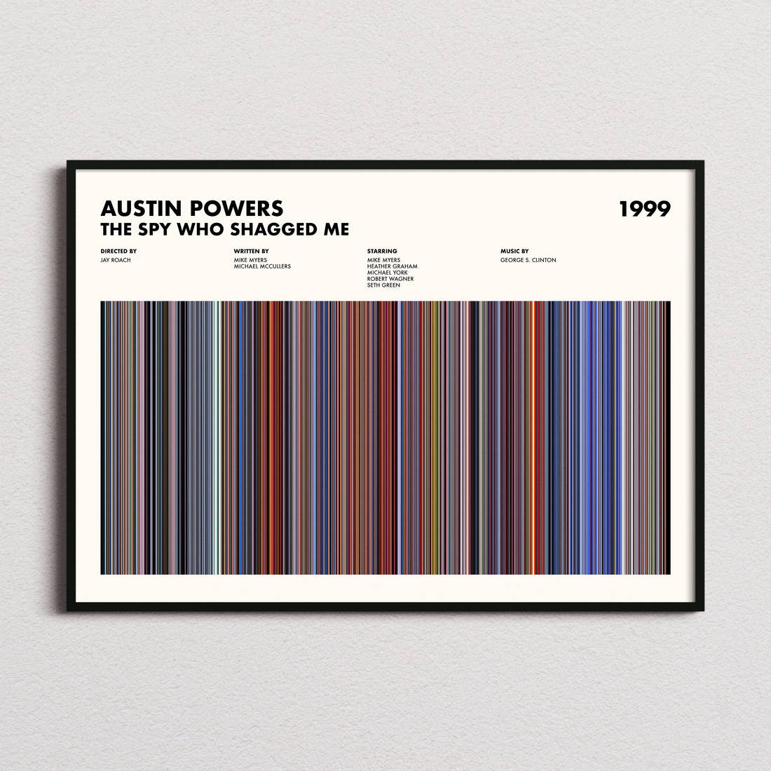 Austin Powers: The Spy Who Shagged Me Movie Barcode Poster framed and photographed straight on