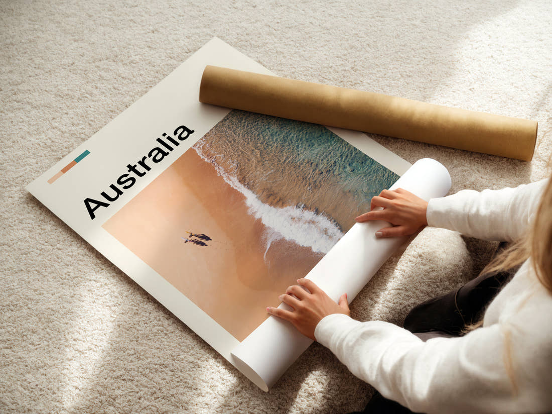 Australia Shoreline From Above Travel Print being unrolled from its postal tube