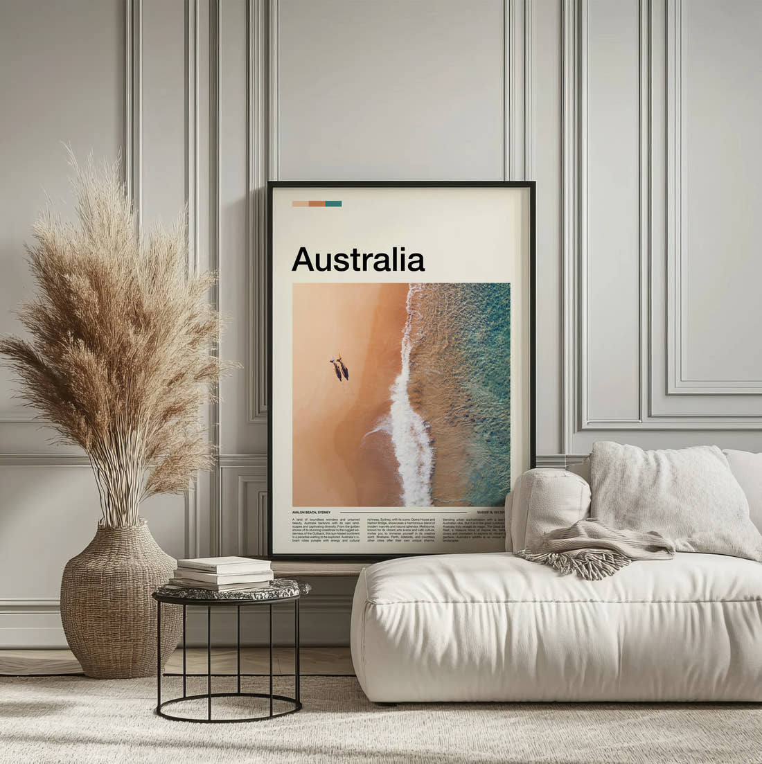 Australia Shoreline From Above Travel Print framed on the wall of a calm, neutral bedroom