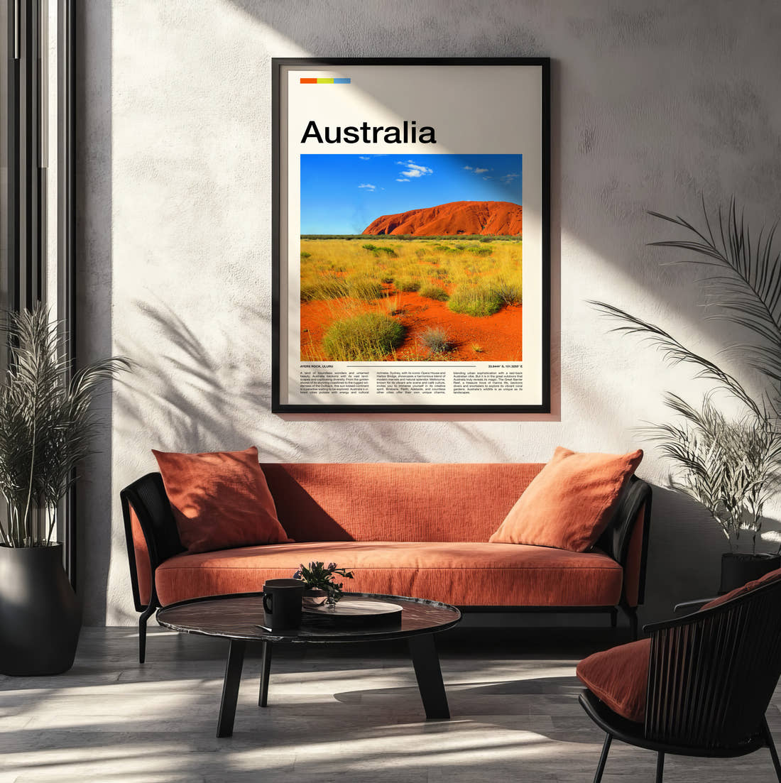 Australia Uluru Travel Print framed on the wall of a modern living room