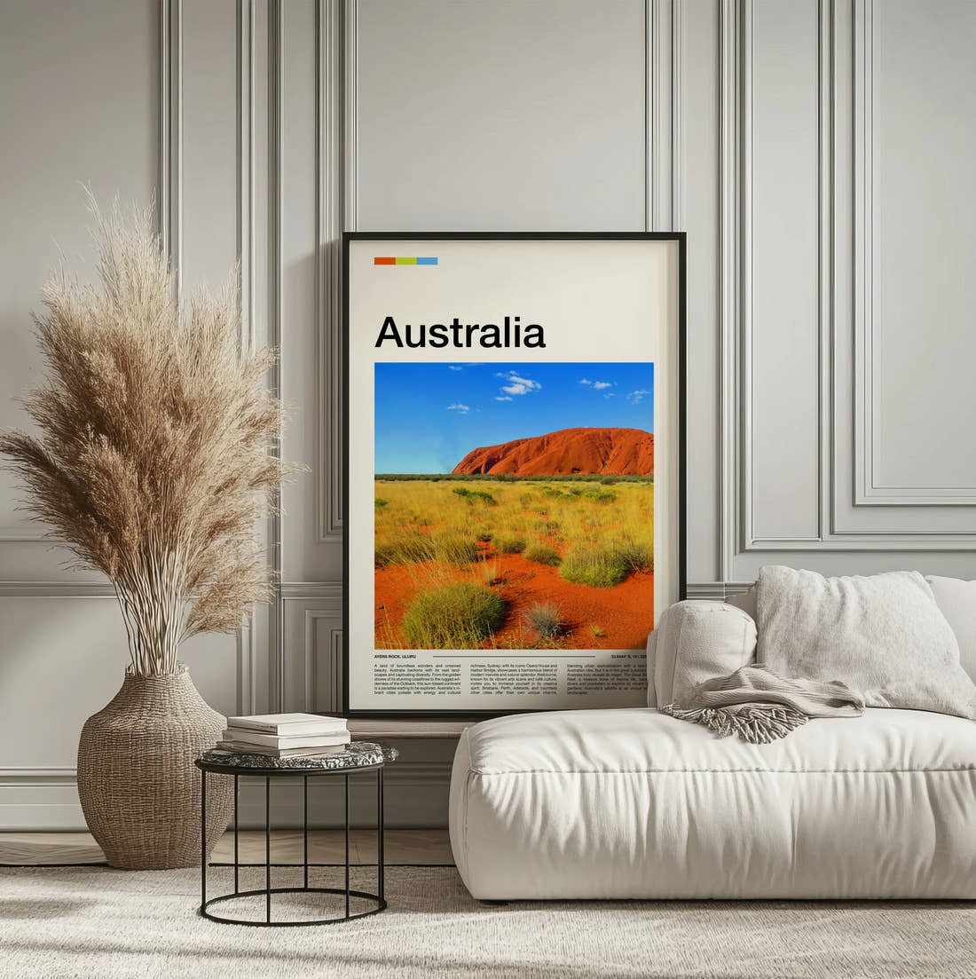 Australia Uluru Travel Print framed on the wall of a calm, neutral bedroom
