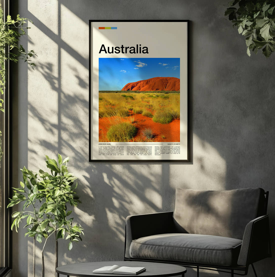Australia Uluru Travel Print framed on the wall of a relaxed living room