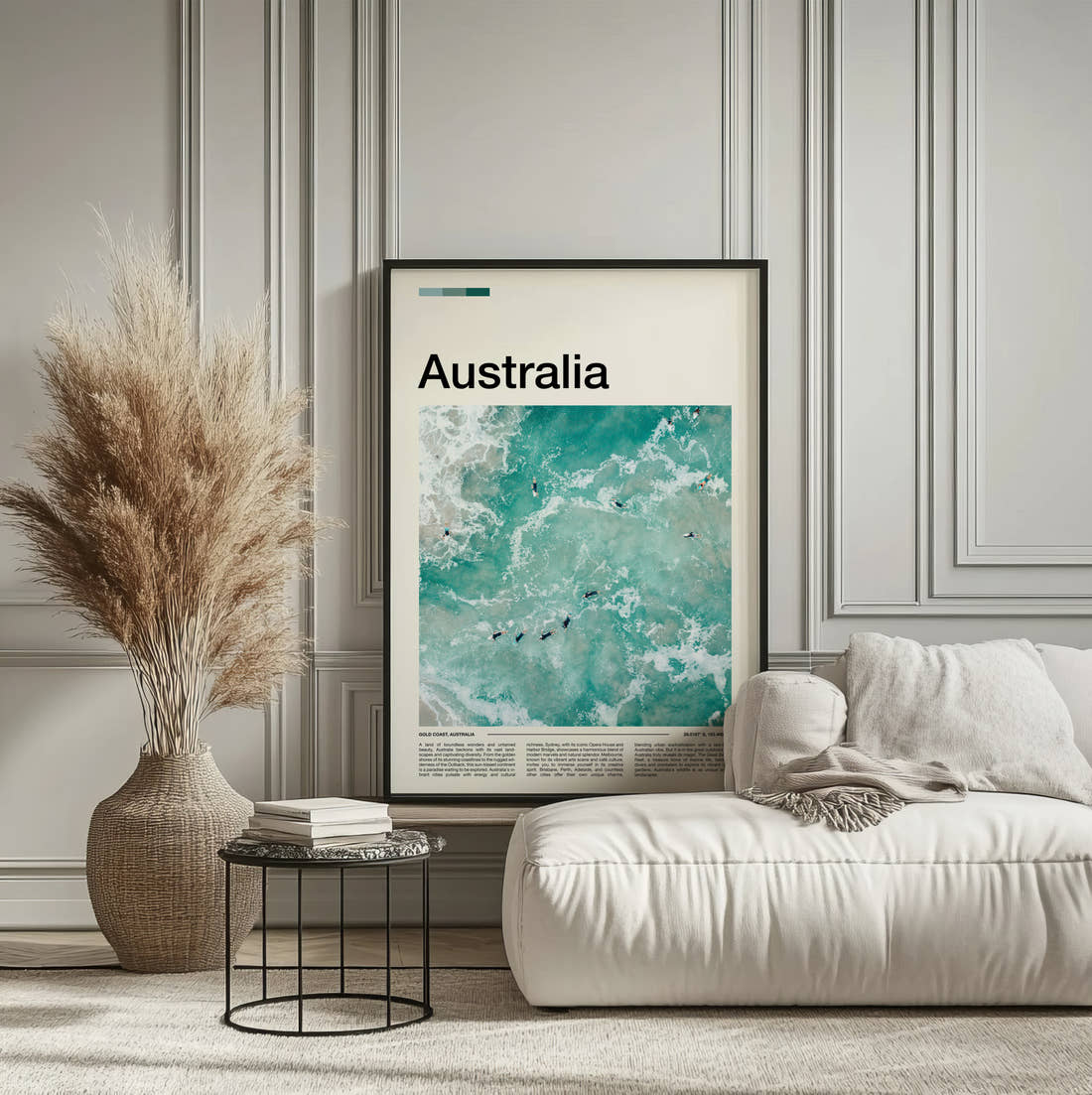 Australia Surfers In The Waves Travel Print framed on the wall of a calm, neutral bedroom