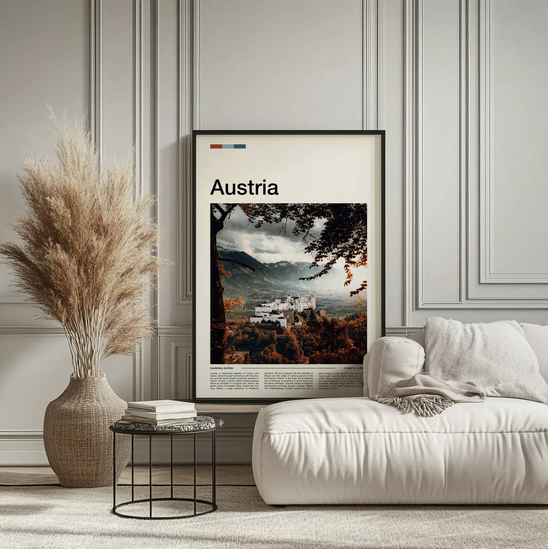 Austria Hohensalzburg Fortress Travel Print framed on the wall of a calm, neutral bedroom