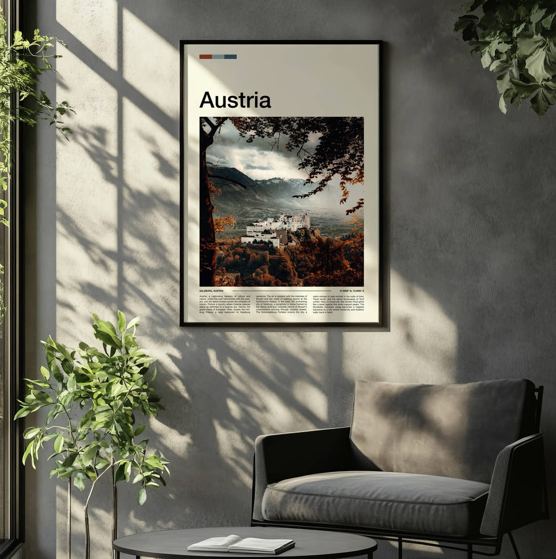 Austria Hohensalzburg Fortress Travel Print framed on the wall of a relaxed living room