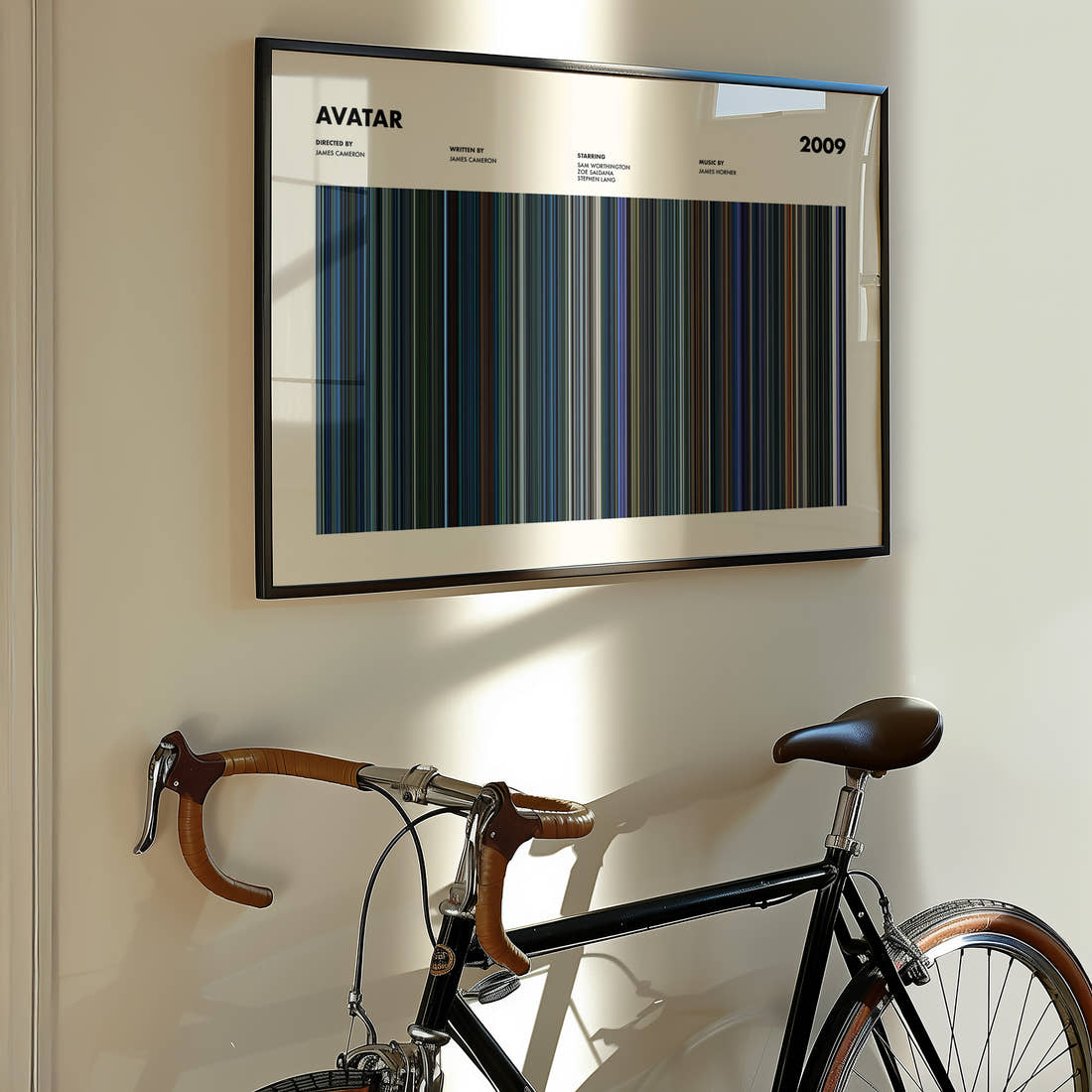 Avatar Movie Barcode Poster framed on the wall of a styled room setting