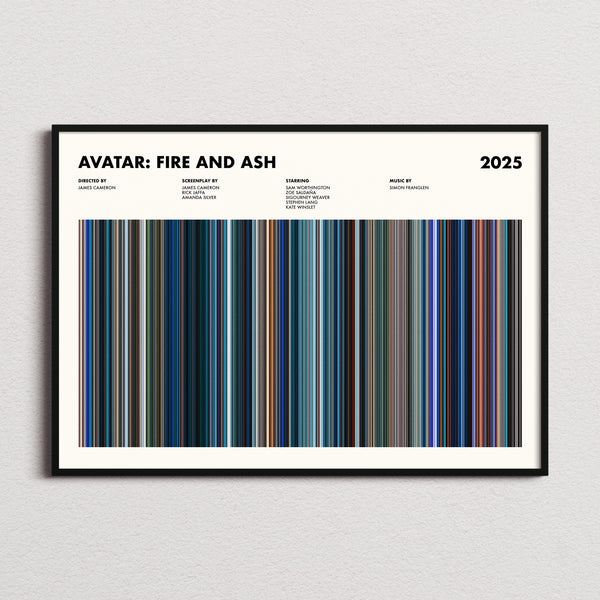 Avatar: Fire and Ash Movie Barcode Poster framed and photographed straight on