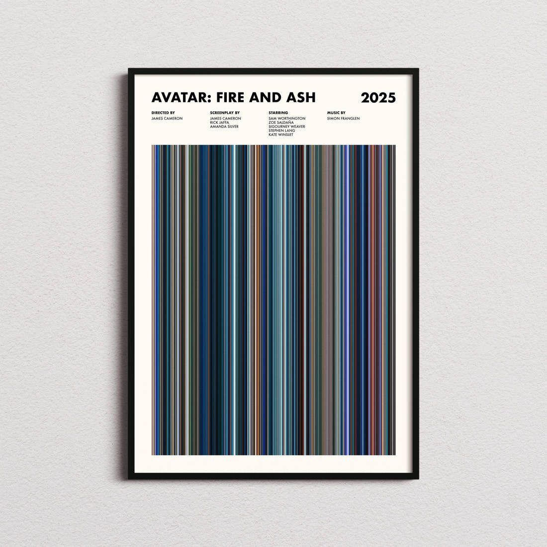 Avatar: Fire and Ash Movie Barcode Poster framed on a plain studio wall