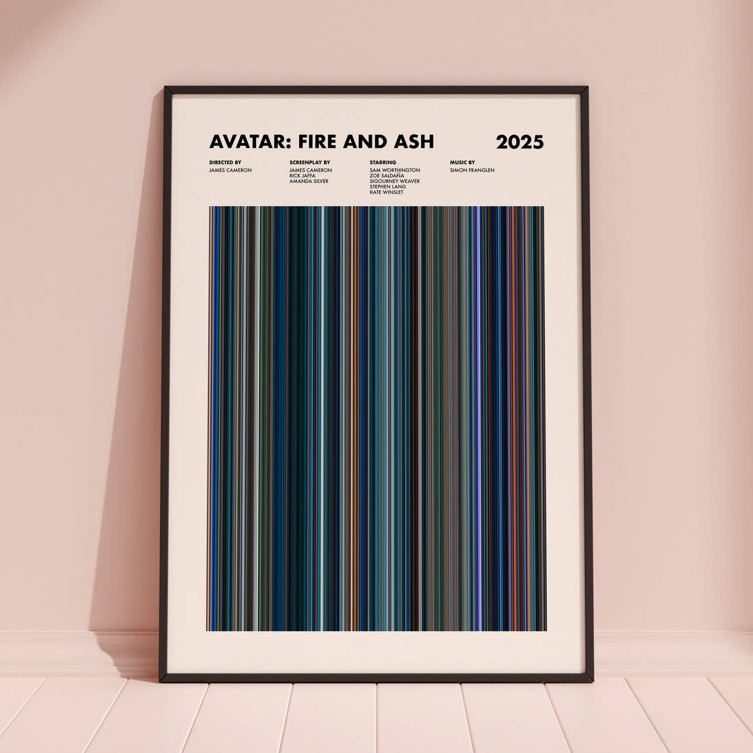 Avatar: Fire and Ash Movie Barcode Poster framed and leaning against a coloured wall