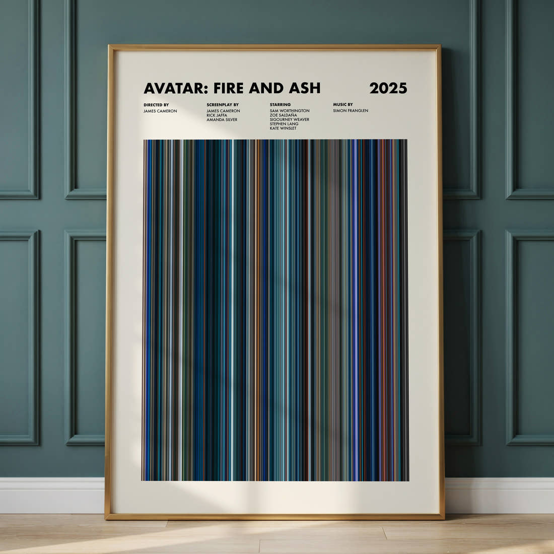 Avatar: Fire and Ash Movie Barcode Poster framed and leaning against a panelled wall