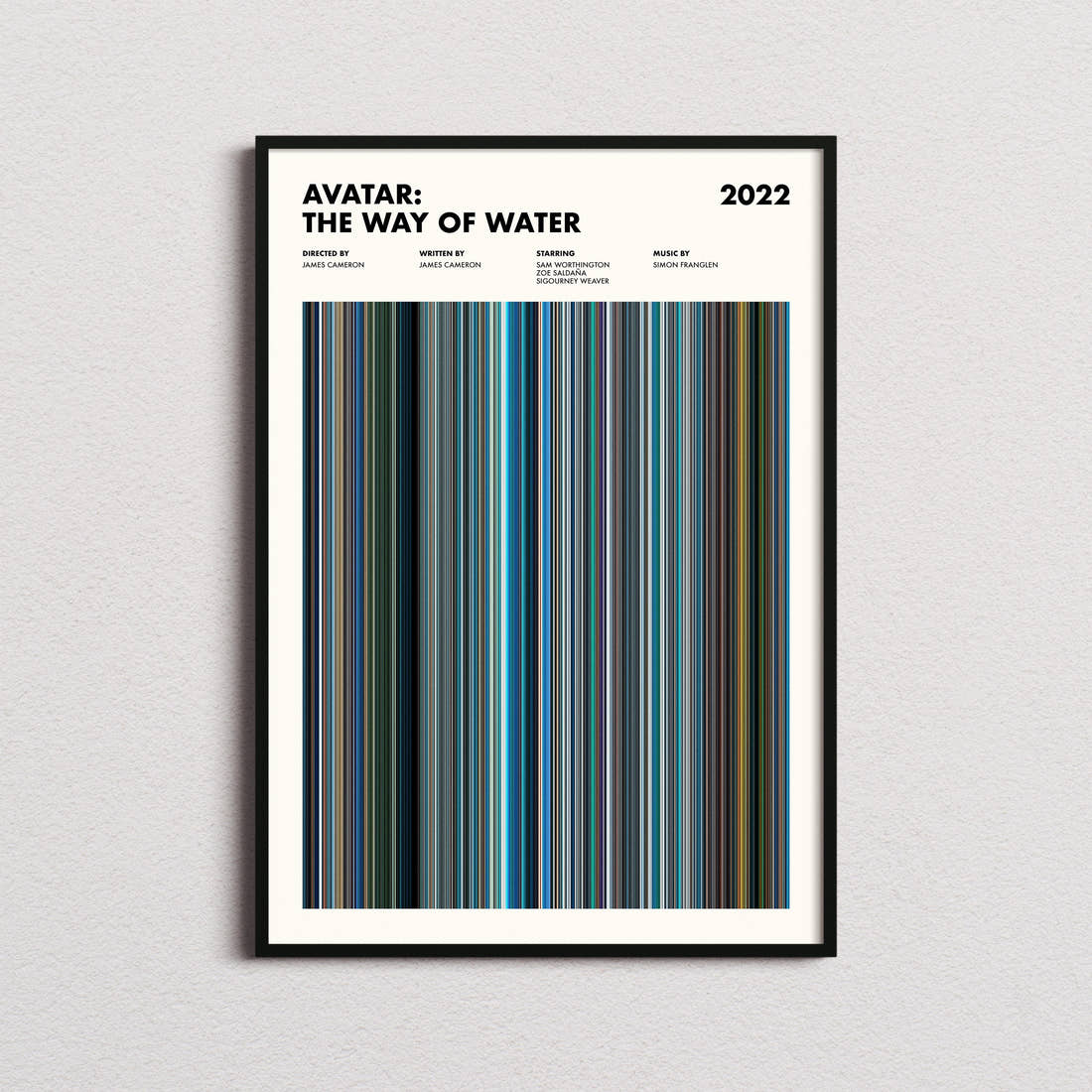 Avatar: The Way of Water Movie Barcode Poster framed on a plain studio wall