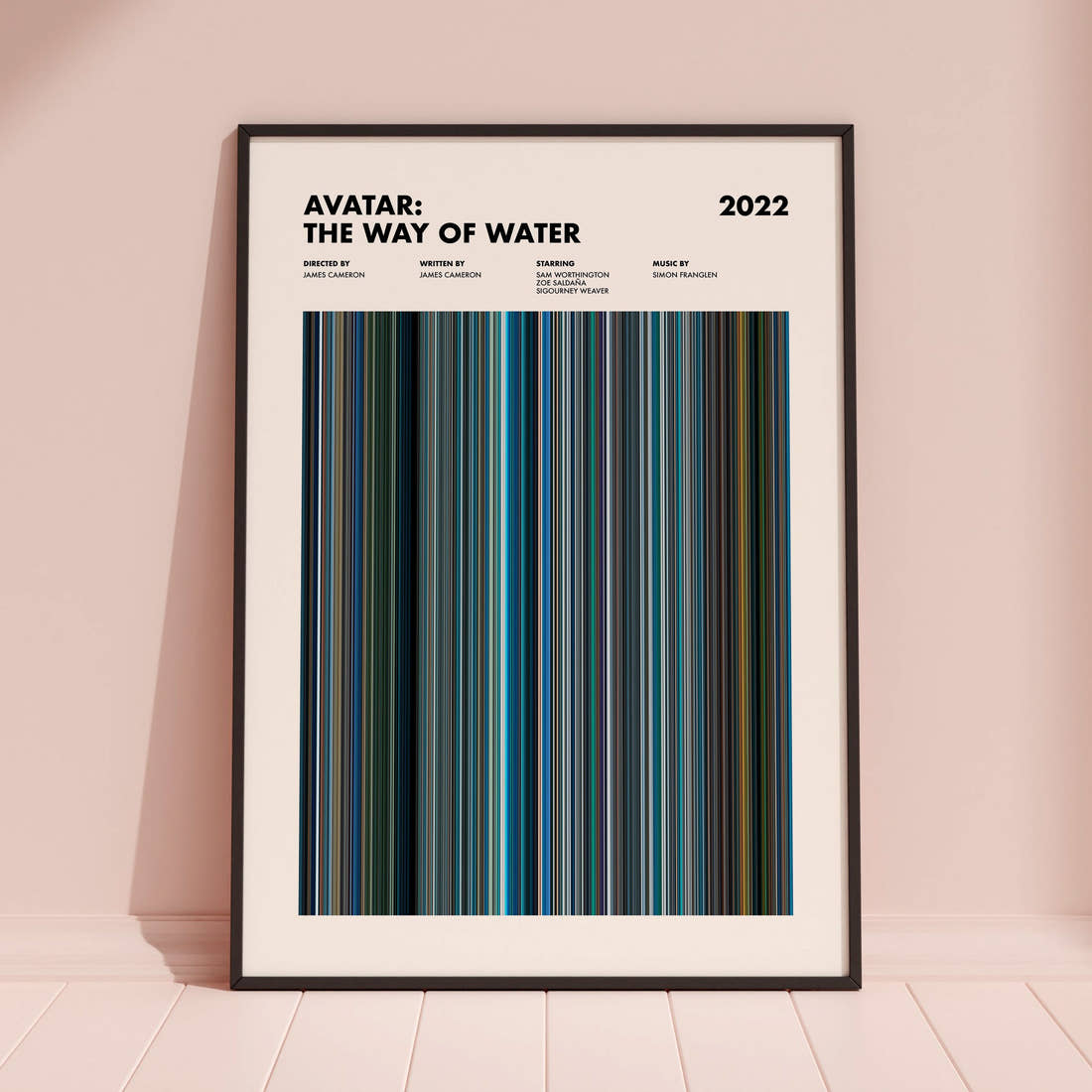 Avatar: The Way of Water Movie Barcode Poster framed and leaning against a coloured wall