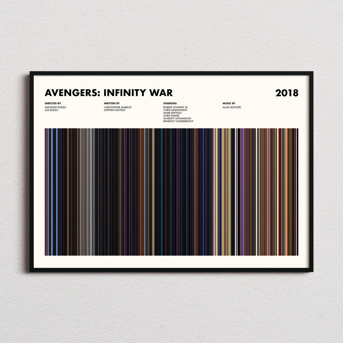 Avengers: Infinity War Movie Barcode Poster framed and photographed straight on