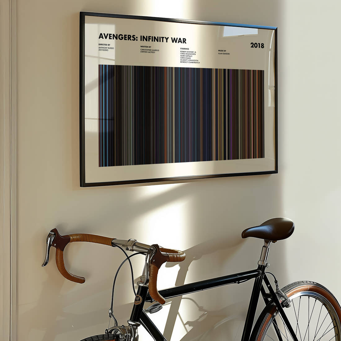 Avengers: Infinity War Movie Barcode Poster framed on the wall of a styled room setting