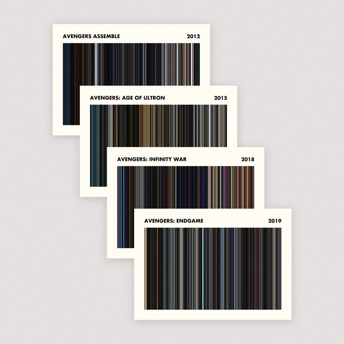 The Avengers Collection — Set of 4 A5 Movie Barcode Prints (Simplified layout)