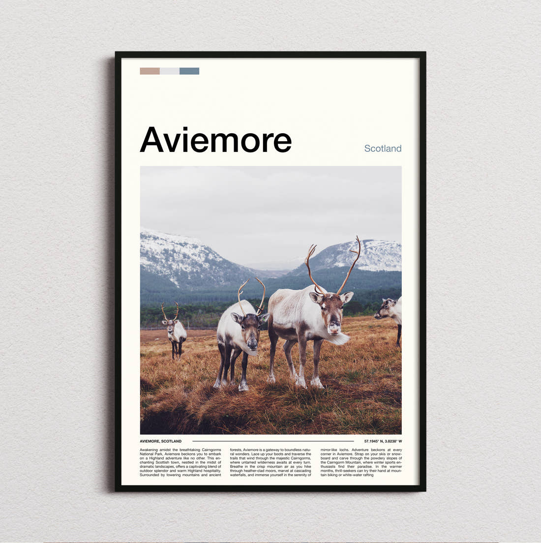 Aviemore Reindeer Travel Print framed and photographed straight on
