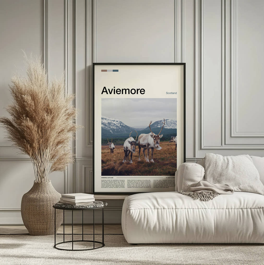 Aviemore Reindeer Travel Print framed on the wall of a calm, neutral bedroom