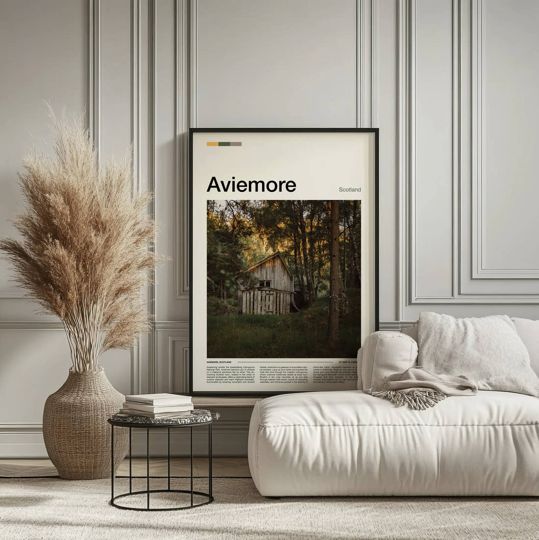 Aviemore Wooden Hut In Forest Travel Print framed on the wall of a calm, neutral bedroom