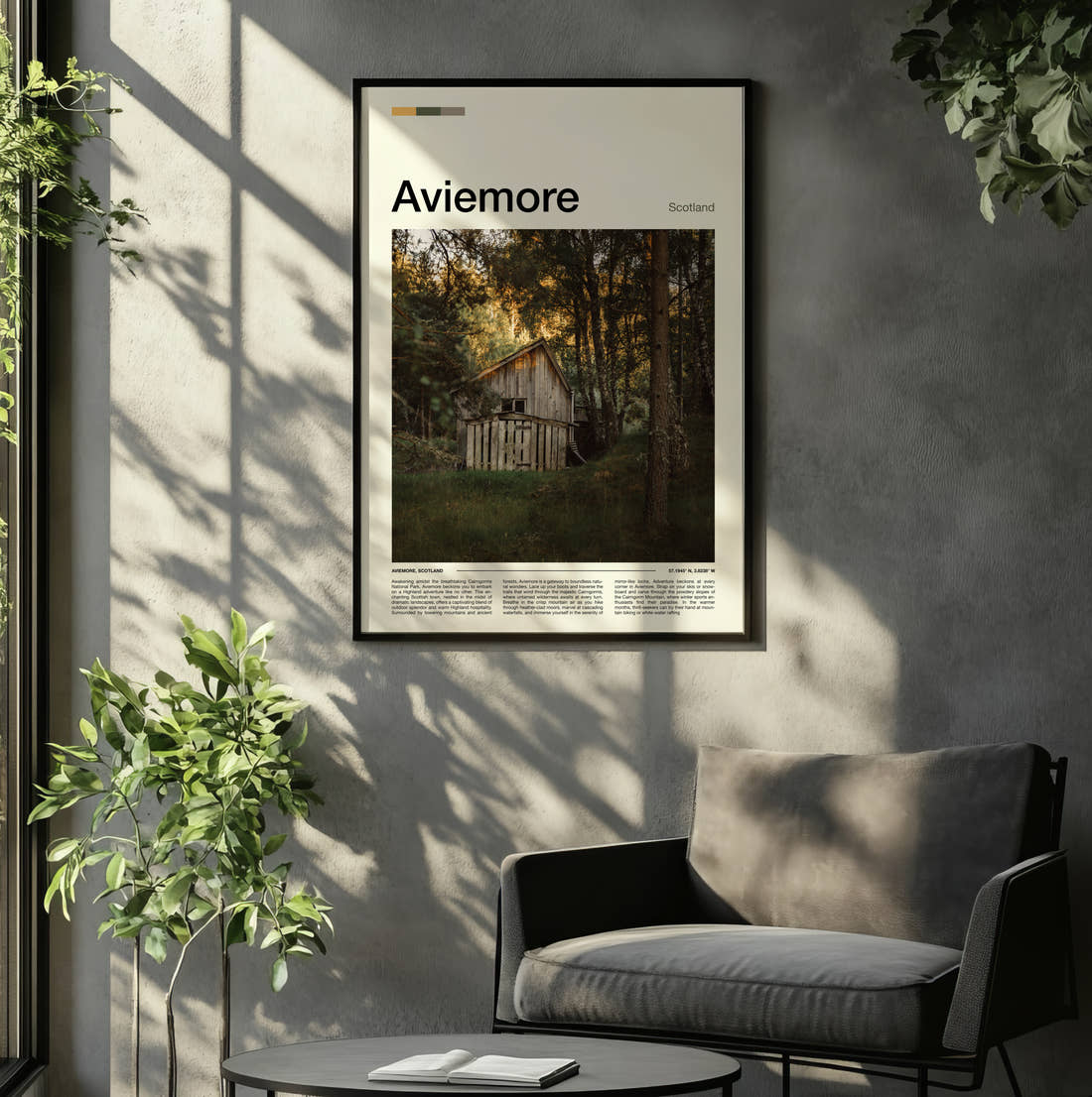 Aviemore Wooden Hut In Forest Travel Print framed on the wall of a relaxed living room