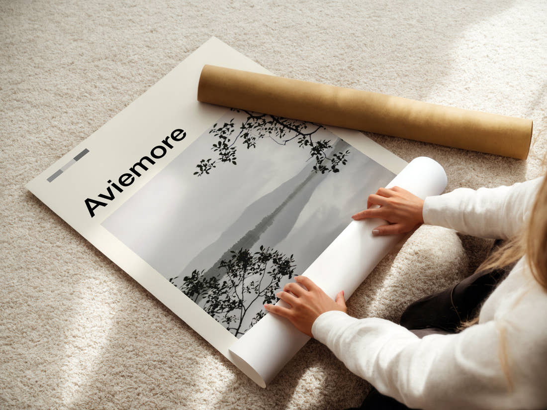 Aviemore Misty Loch Travel Print being unrolled from its postal tube
