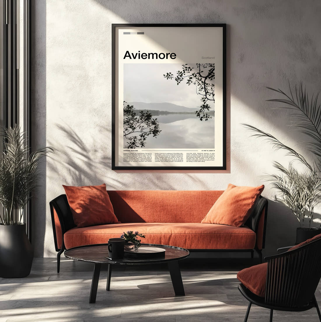 Aviemore Misty Loch Travel Print framed on the wall of a modern living room