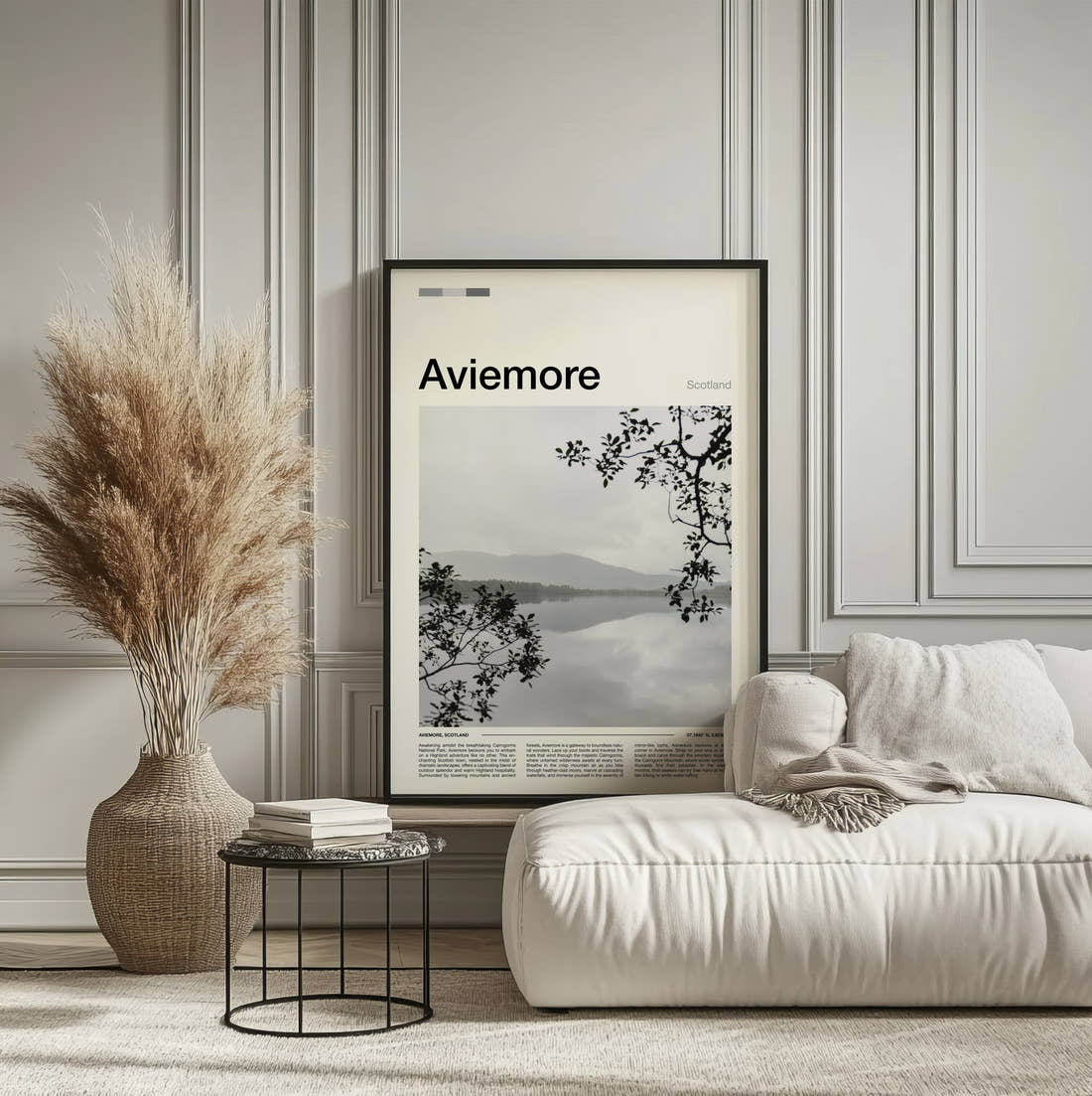 Aviemore Misty Loch Travel Print framed on the wall of a calm, neutral bedroom