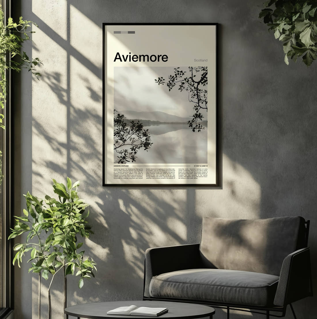 Aviemore Misty Loch Travel Print framed on the wall of a relaxed living room