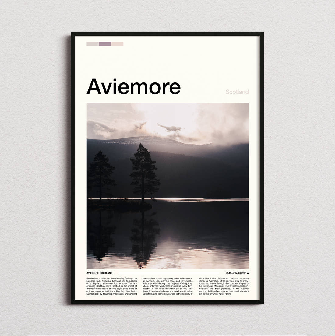 Aviemore Pines On The Loch Travel Print framed and photographed straight on