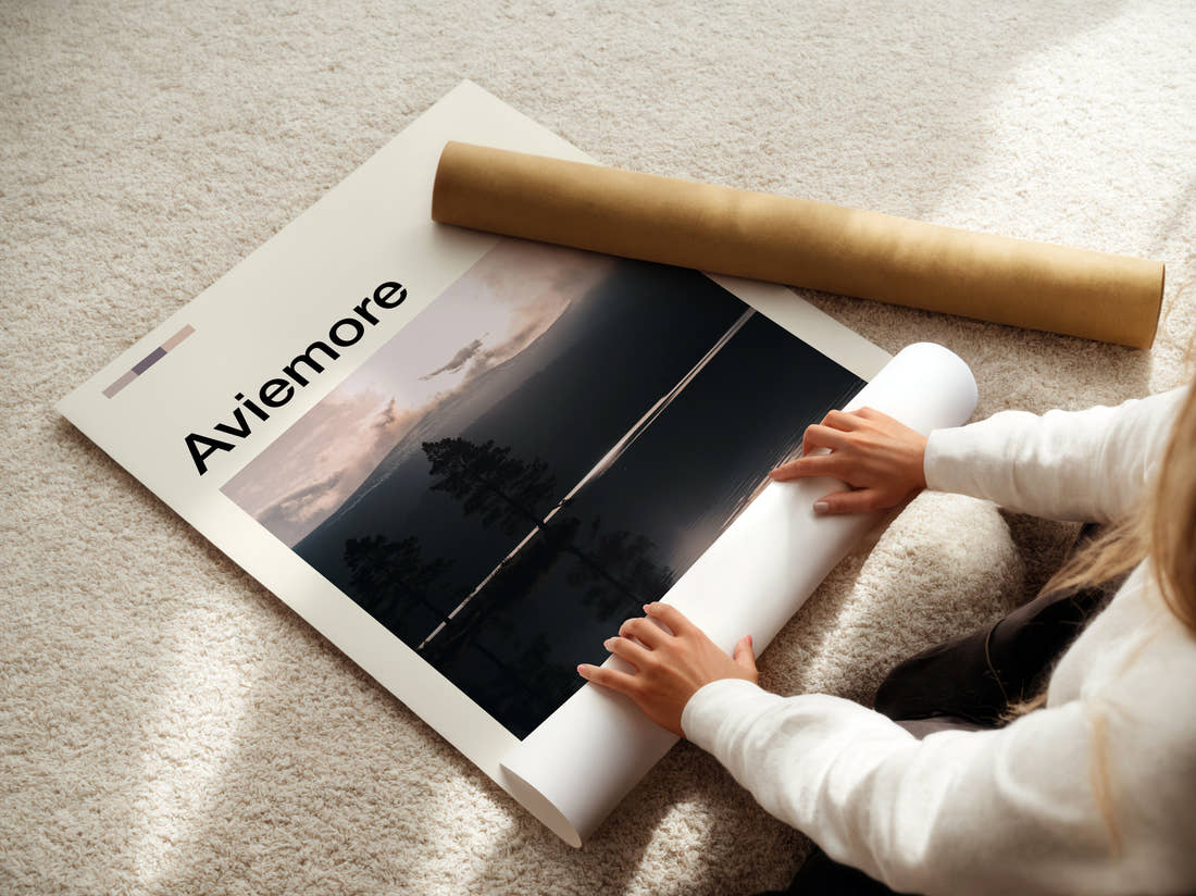 Aviemore Pines On The Loch Travel Print being unrolled from its postal tube