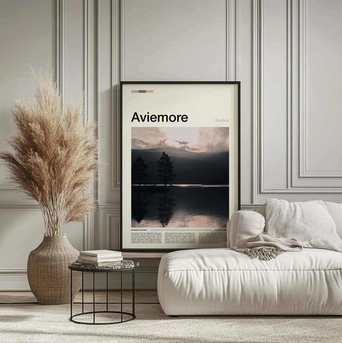 Aviemore Pines On The Loch Travel Print framed on the wall of a calm, neutral bedroom