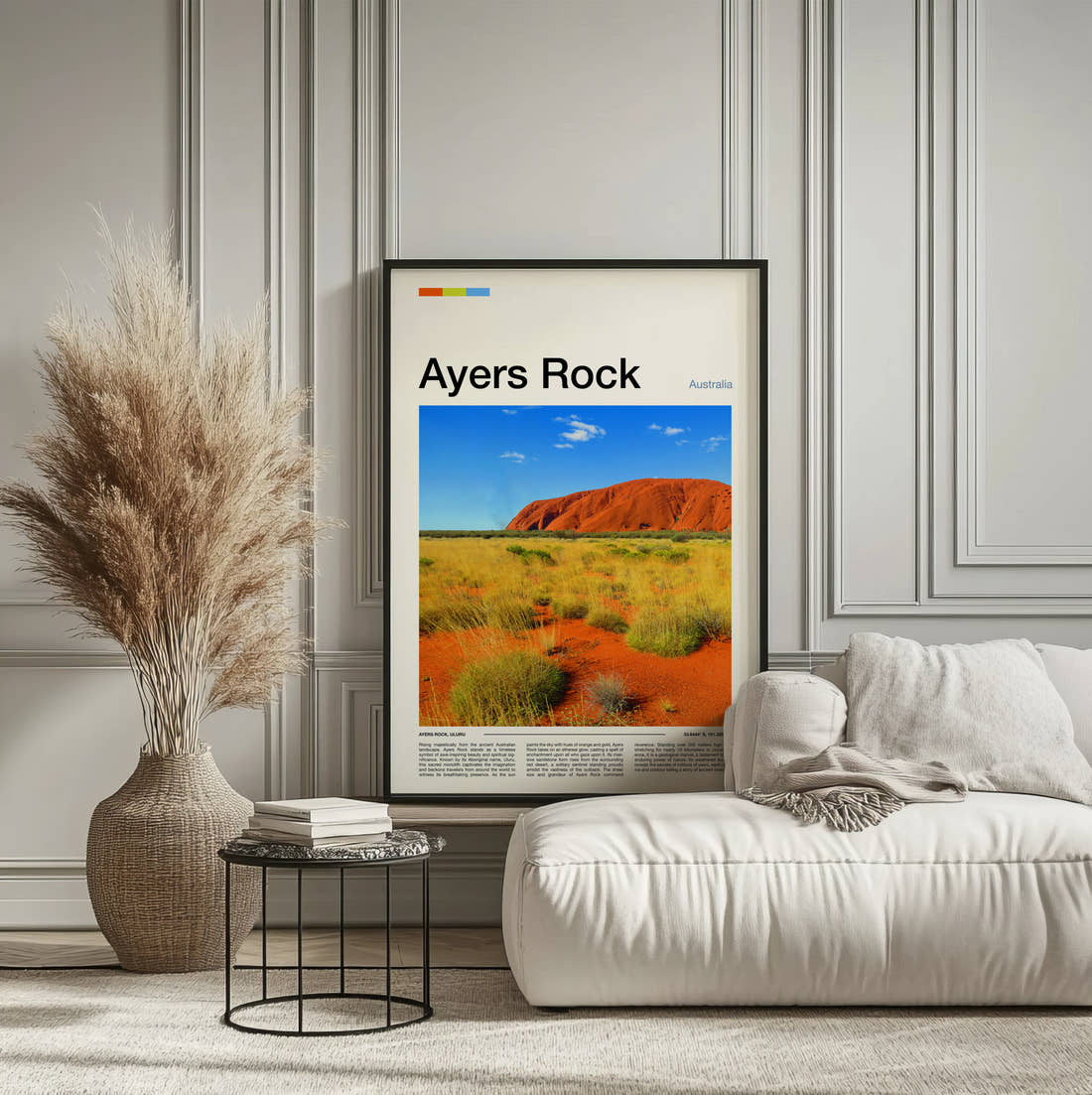 Ayers Rock Uluru Travel Print framed on the wall of a calm, neutral bedroom